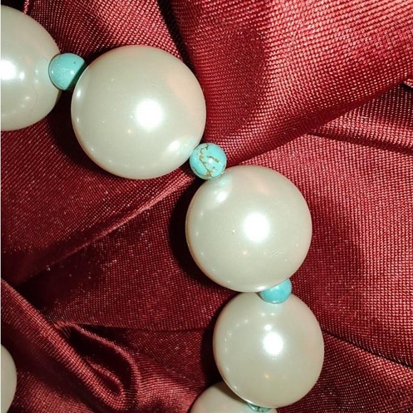 Chunky Glass Pearl Bracelet • Turquoise-Colored Stone • Stretch 7” - Picture 3 of 6